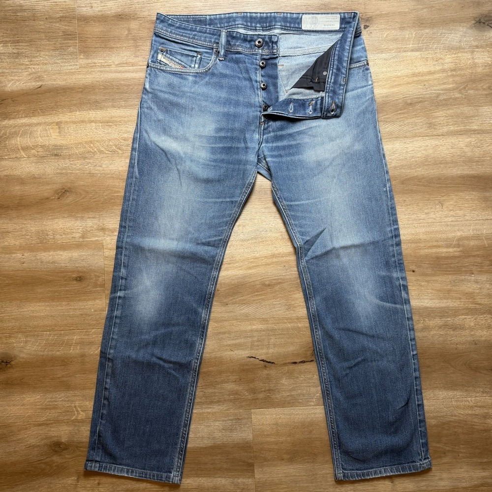 Diesel Waykee Jeans Men 32x28 Blue Straight Leg Stretch Medium Wash (Hemmed)